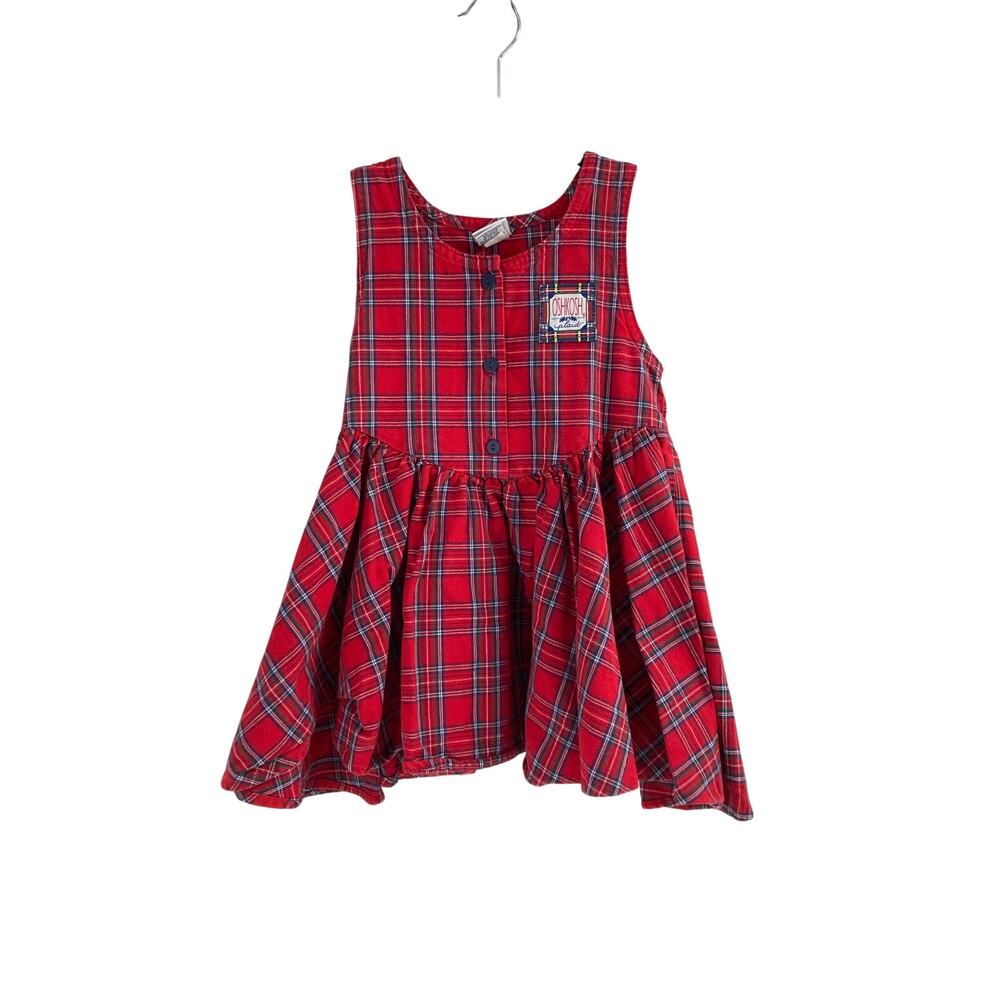 Vintage 90s Osh Kosh Flannel Jumper Dress 4 Embroidered Plaid Tartan USA